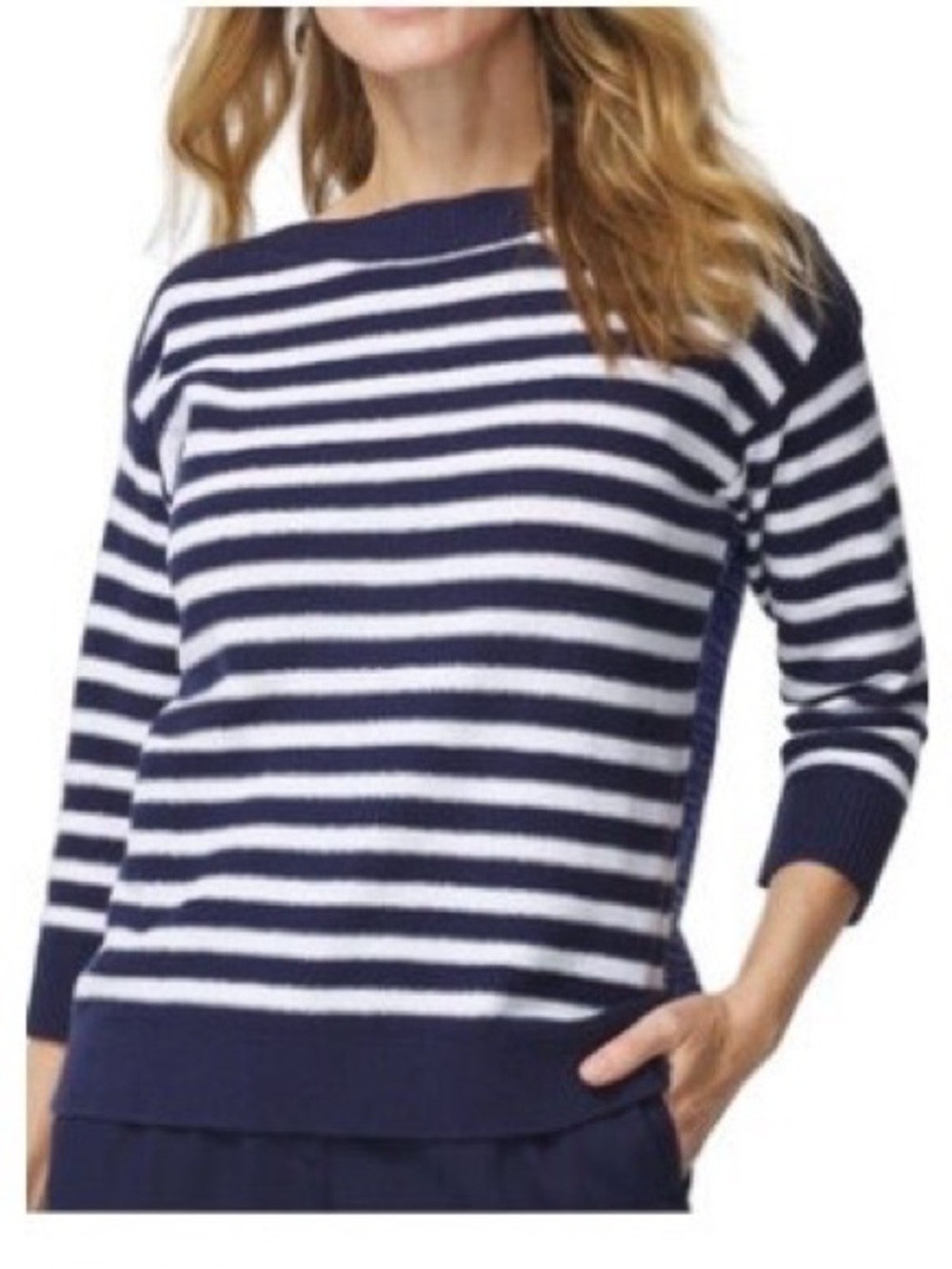 Chico's Women’s Navy Blue and White Striped Crew Neck Sweater